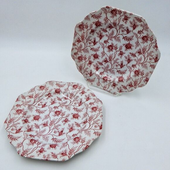 Spode China Chintz Red Roses Salad Luncheon Scallop Plate 9 Inch Set/2 - Picture 1 of 5